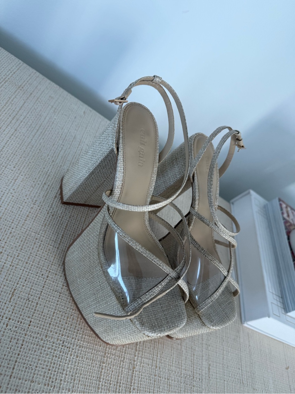cult gaia Beige Linen-Look Platform Sandals with Clear Straps